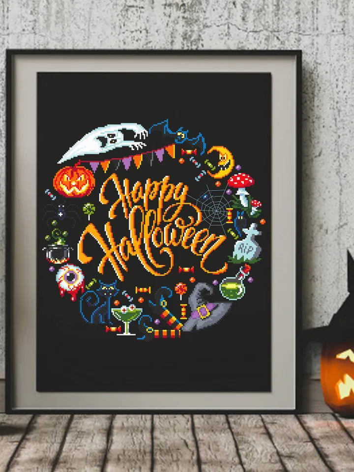 Happy Halloween cross stitch pattern download PDF Funny cross stitch Halloween quotes chart Modern cross stitch Cute Halloween pattern #H21