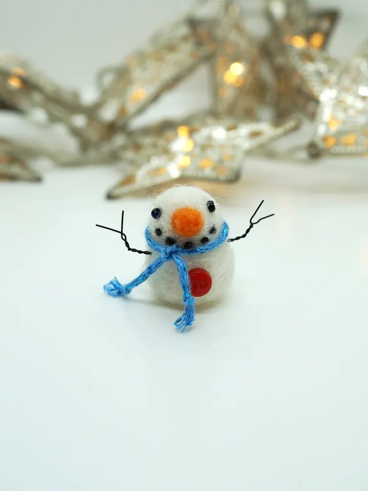 Miniature needle felted snowman in a blue scarf, made to order