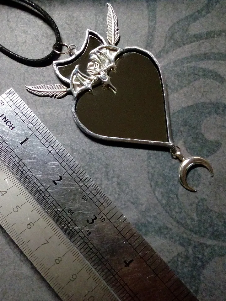 Stained glass scrying mirror, Black goth ornate mirror, Bat mirror, Car hanger, Witch mirror, Heart mirror