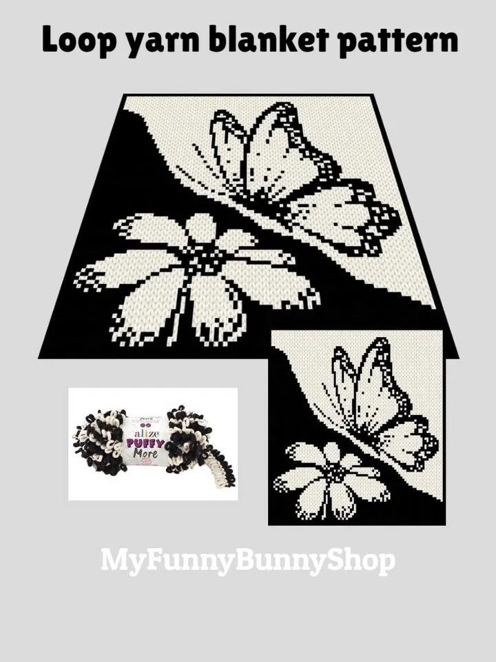 Loop yarn finger knitted Butterfly&Flower blanket pattern PDF