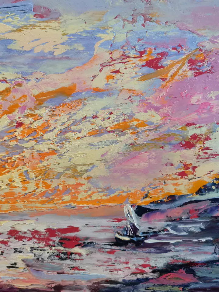 Boat Mountain Trees Flowers Sunset Original Art Oil Painting Artist Svinar Oksana