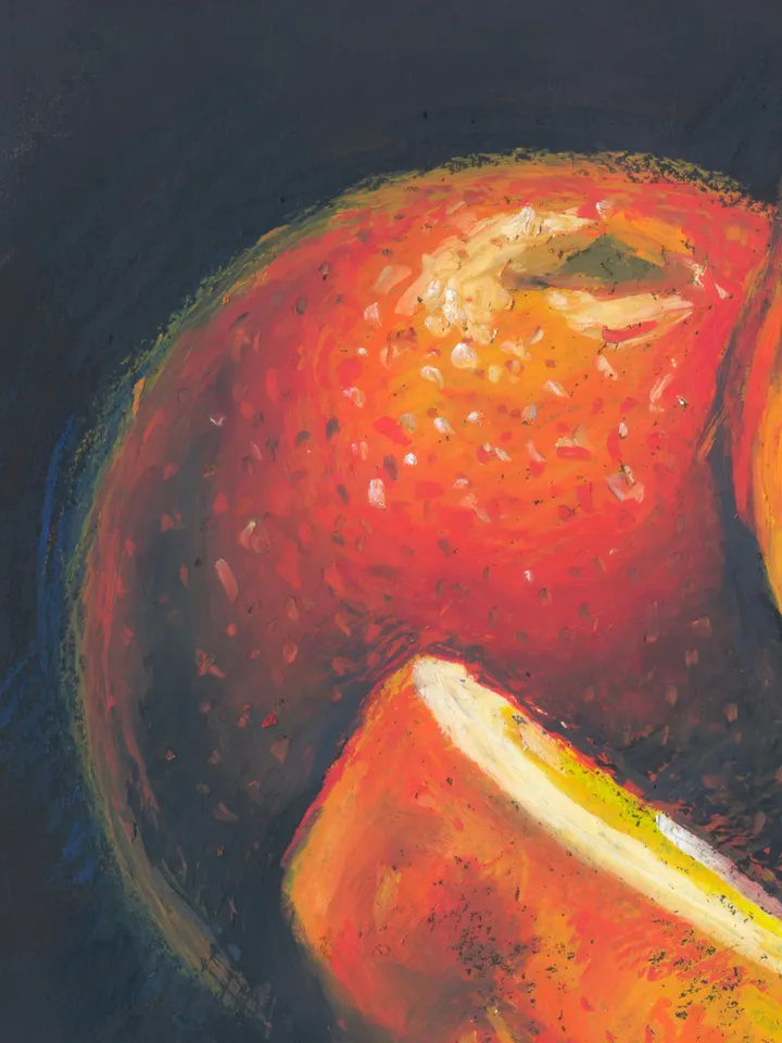 Oil pastel drawing, Still life, Three oranges, original graphics on A4 kraft paper
