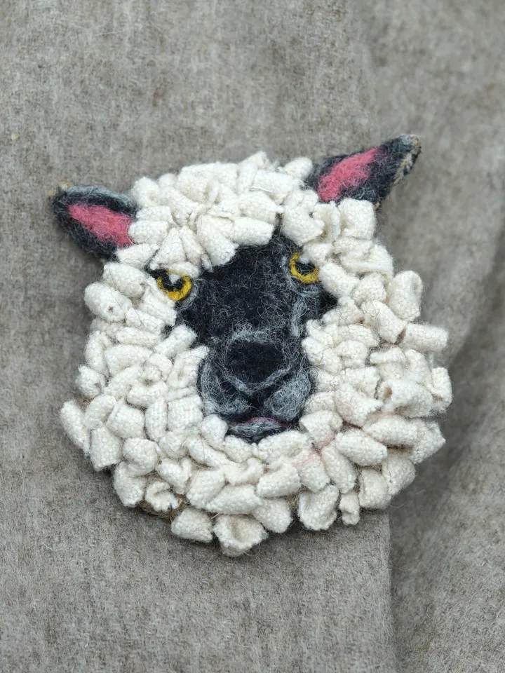 Sheep brooch, textile brooch, needle felted sheep, rug hooking brooch, ready to ship