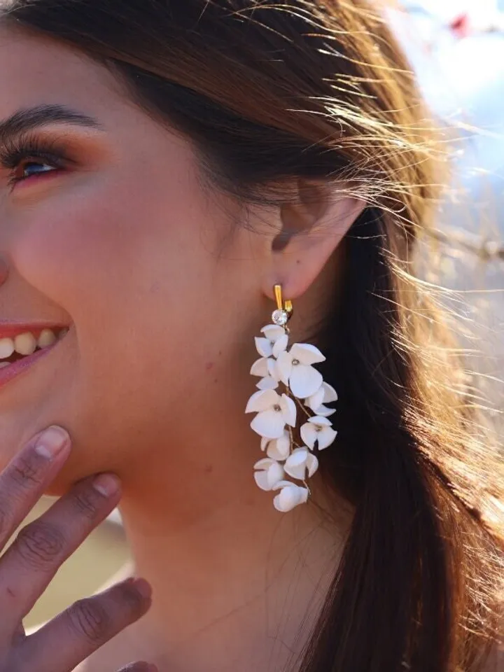Boho Wedding Earrings for brides, Delicate Porcelain Flowers Bridal Earrings, Gold Wedding Earrings, Swarovski Crystal Wedding Earrings,