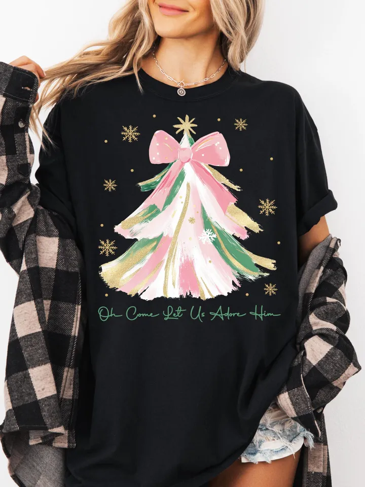 Oh Come Let Us Adore Him Png, Coquette Bow Christmas Tree Png,Christmas Jesus PNG,Watercolor Christian Christmas Png,Xmas Tree with Bow Png