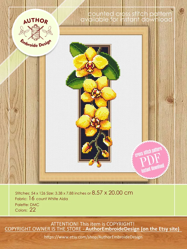 Flowers orchids cross stitch pattern download PDF Yellow orchid cross stitch sampler Floral xstitch chart digital DIY plant lovers gift #P31
