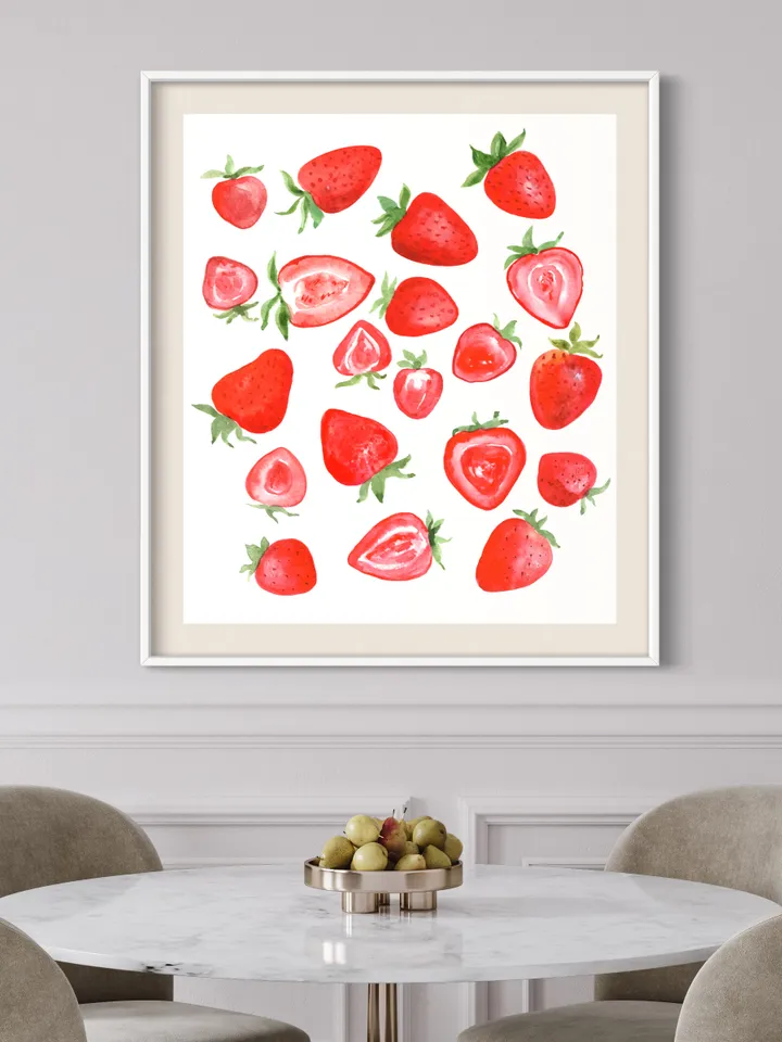 Strawberry Watercolor Painting Wall Art Print, Food Wall Art, Kids Gift, Cute Strawberry, Summer Fruit, Strawberry Pop Art Print, Red Print