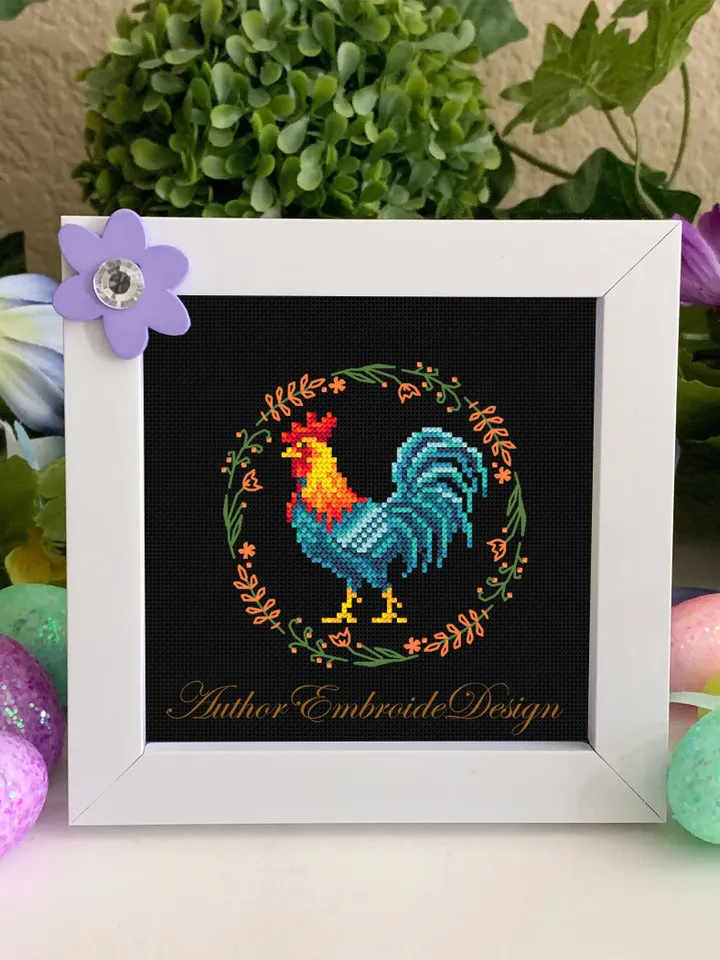 Rooster cross stitch pattern PDF download Floral chicken cross stitch chart Farm bird embroidery Mini Cock, Rooster pattern digital PDF #K33
