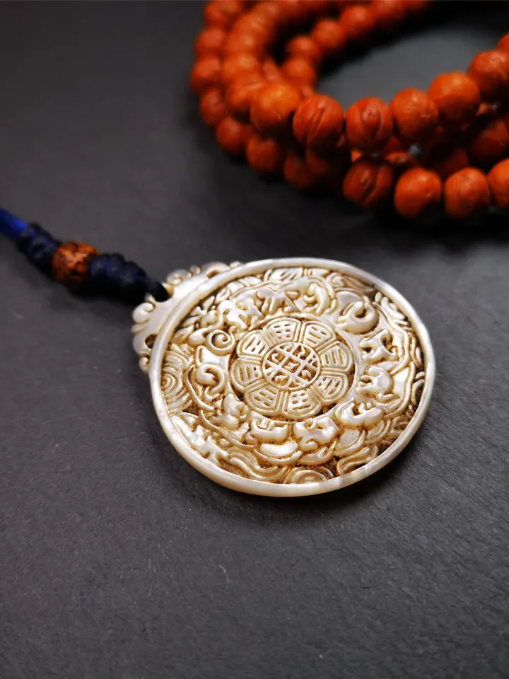 Antique Tibetan Buddhist Calendar Badge,Shell Carved Sipaho - Melong Mirror - Astrology Amulet Pendant - Protection & Feng Shui Decor