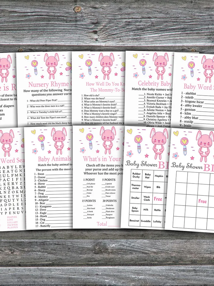 Pink rabbit baby shower games bundle,Bunny Baby Shower games package,Fun Baby Shower Games,9 Printable Games-313