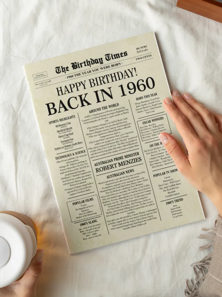 1960 AUSTRALIA, 65th birthday newspaper print Australian, 1960 birthday poster INSTANT DOWNLOAD, 65 years ago back in 1960 print for Aussie