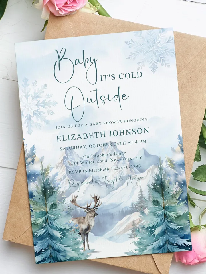 Baby it's cold outside invitation, Winter baby shower invitation, Winter wonderland baby shower, Baby shower invitation template - i127