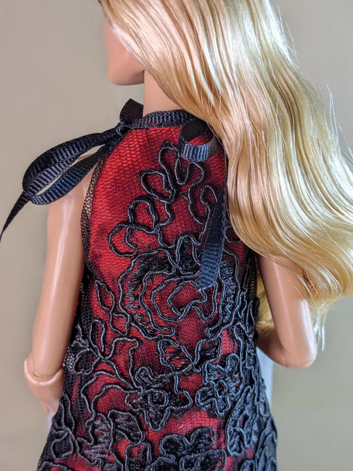 Handmade black & red lace dress for 13-inch fashion dolls