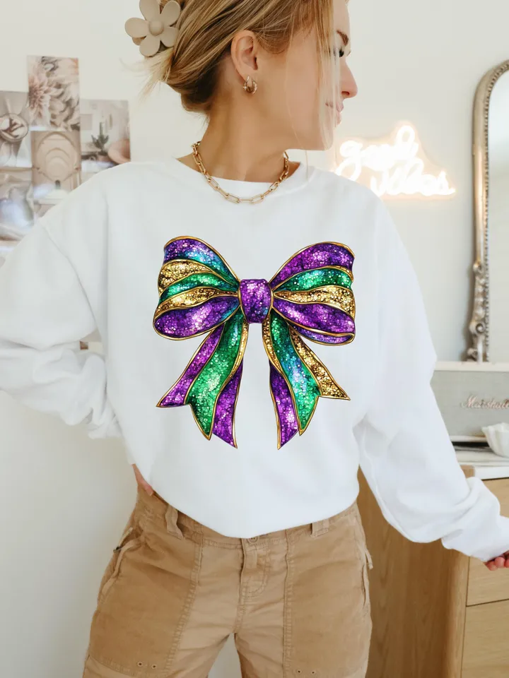 Mardi Gras Bow Sublimation PNG Coquette Bow Mardi Gras Shirt Mardi Beads Louisiana Festival Shirt New Orleans Carnival Glitter Bow Shirt