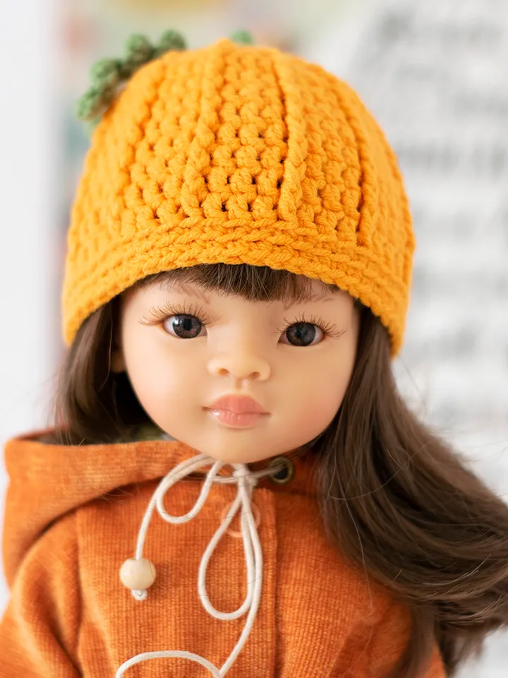 Orange pumpkin hat for Paola Reina doll, Meadowdolls Dumplings, Little Darling, Siblies, doll accessories for Halloween