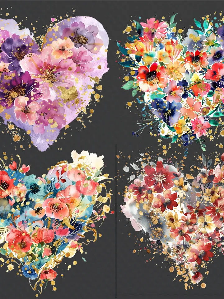 20 Floral Heart PNG Clipart, Watercolor clipart, Floral Heart sublimation, Golden Hear in flowers clip art, Digital download, junk journal