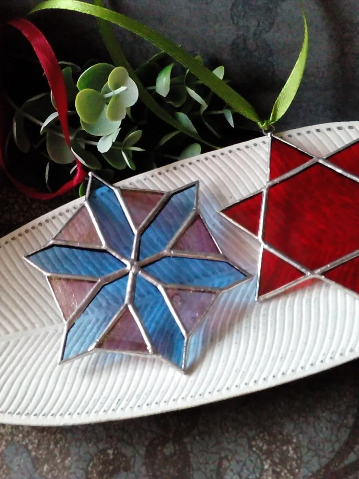 Set of 2 snowflake suncatchers, christmas ornaments, simple stained glass, Christmas decorations, Xmas tree star