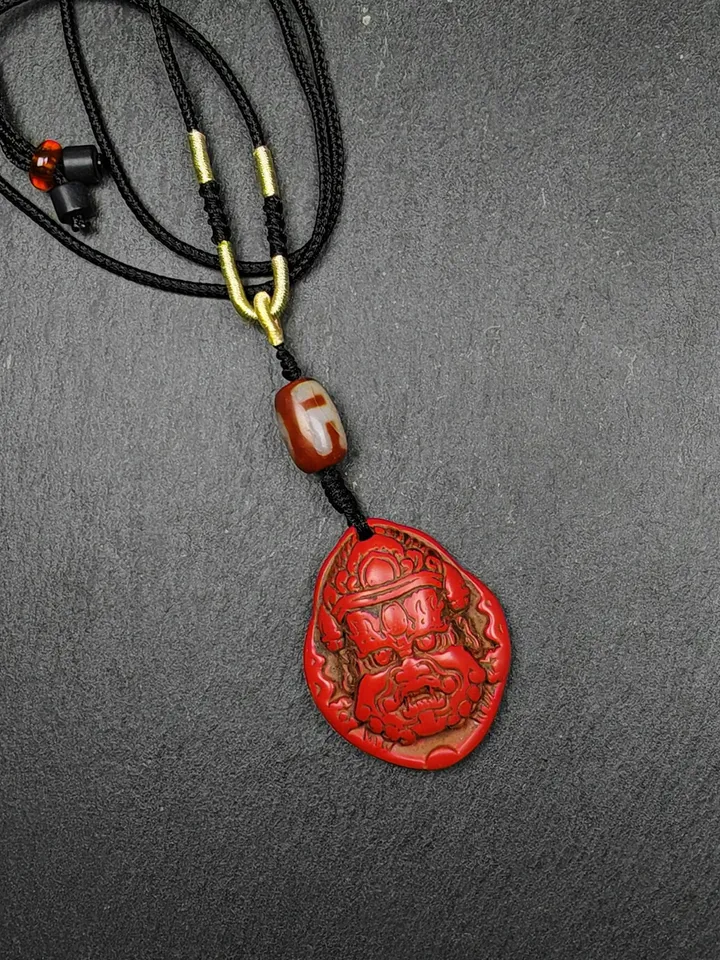 Authentic Old Cinnabar Mahakala Amulet with Dzi Bead, Gandhanra Tibetan Protective Charm,Spiritual Gift