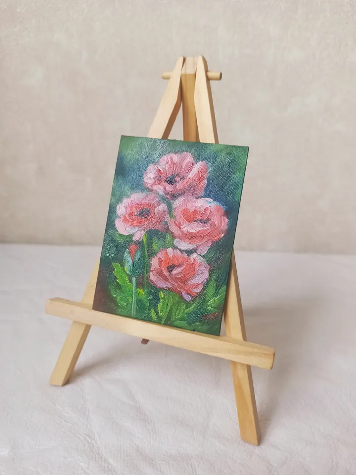 Original oil painting ACEO, Red-pink poppies, Red flowers, Blooming garden, Collection card 2,5x3,5 in