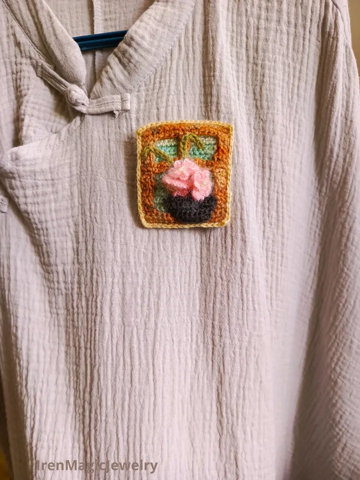 Crochet Brooch with Pink Flowers in Pot by the Window