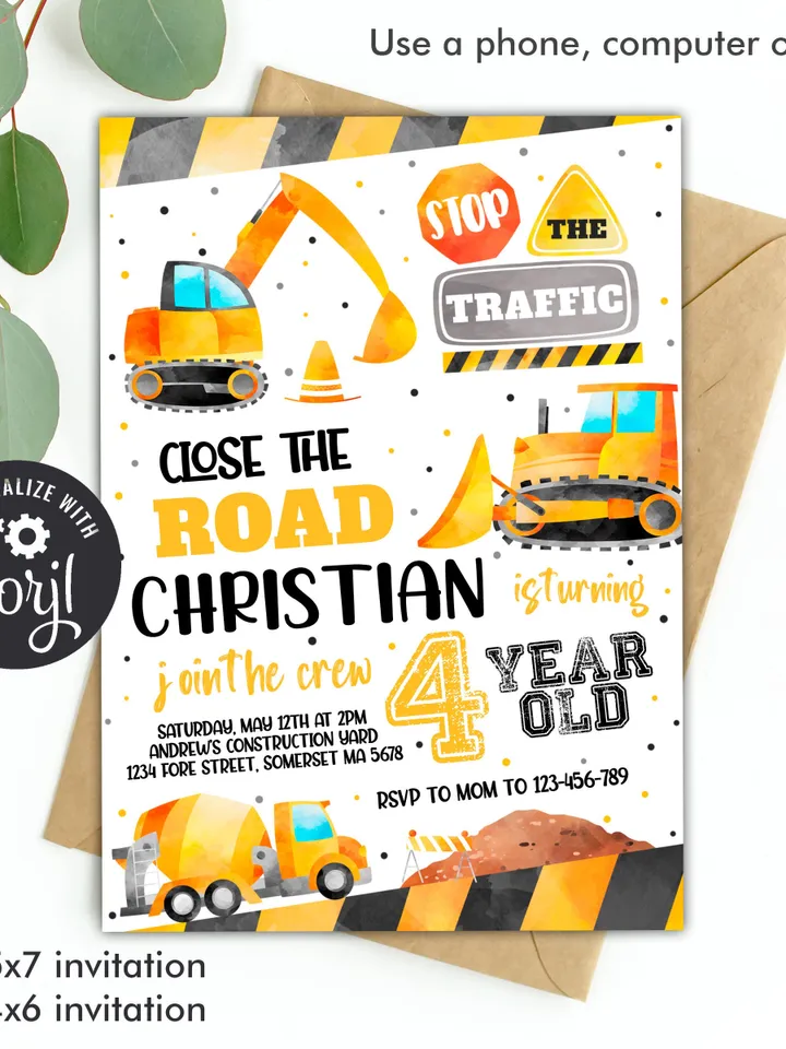 Construction Invitation, Construction Birthday Party Invitation, Dump Truck Party Invite Instant Download Editable Template Digital File