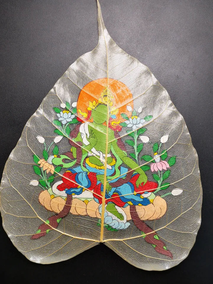 Gandhanra Handpainted Bodhi Leaf Thangka,Packed in Wooden Picture Frame,Painted with Natural Mineral Pigments,Green Tara Thangka