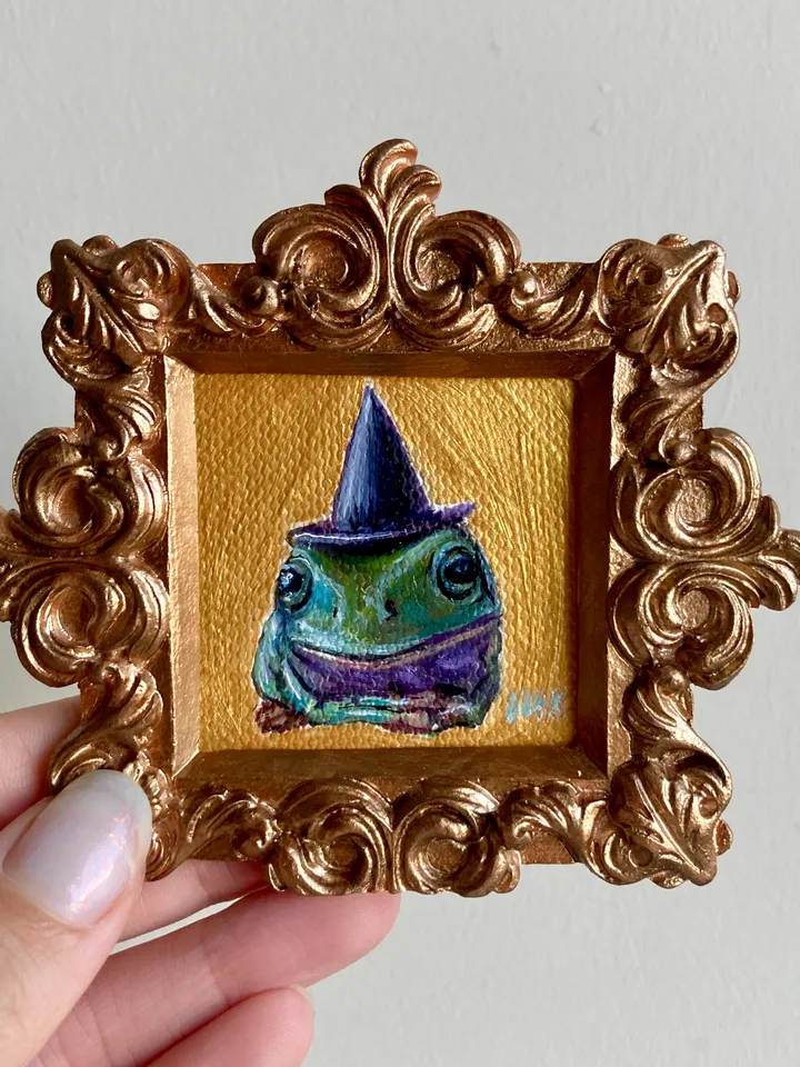 Framed Frog Painting Original Witch Frog Artwork Amphibians Art Tiny Oil Painting