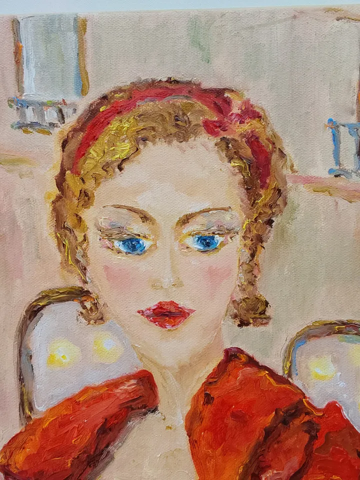 "Street cafe. Woman in red" oil painting on canvas 50x50cm (20x20 inch)