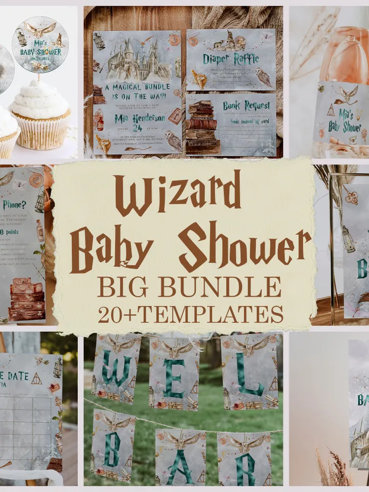 Wizard Baby Shower Bundle Template; Editable Winter Christmas Wizarding World Baby Shower; Winter Magic School Christmas Baby Shower; ms7
