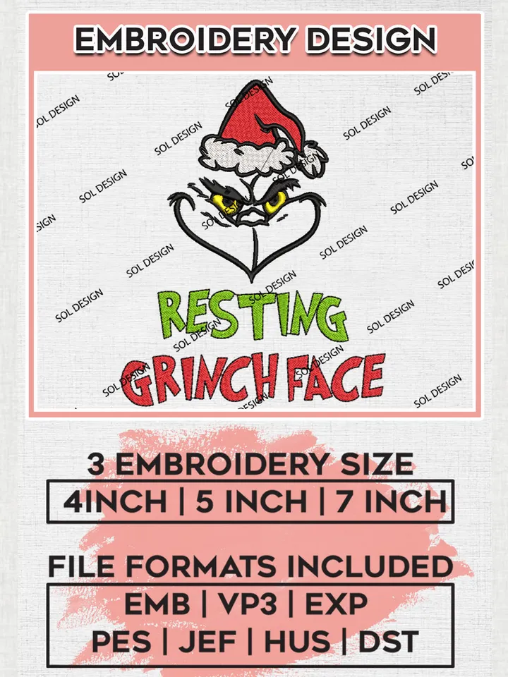 Christmas Resting Grinchface Embroidery Design Files, Grinch Machine Embroidery, Merry Grinchmas Face Embroidery, 3 sizes, Cute Christmas Machine embroidery designs, Digital Download