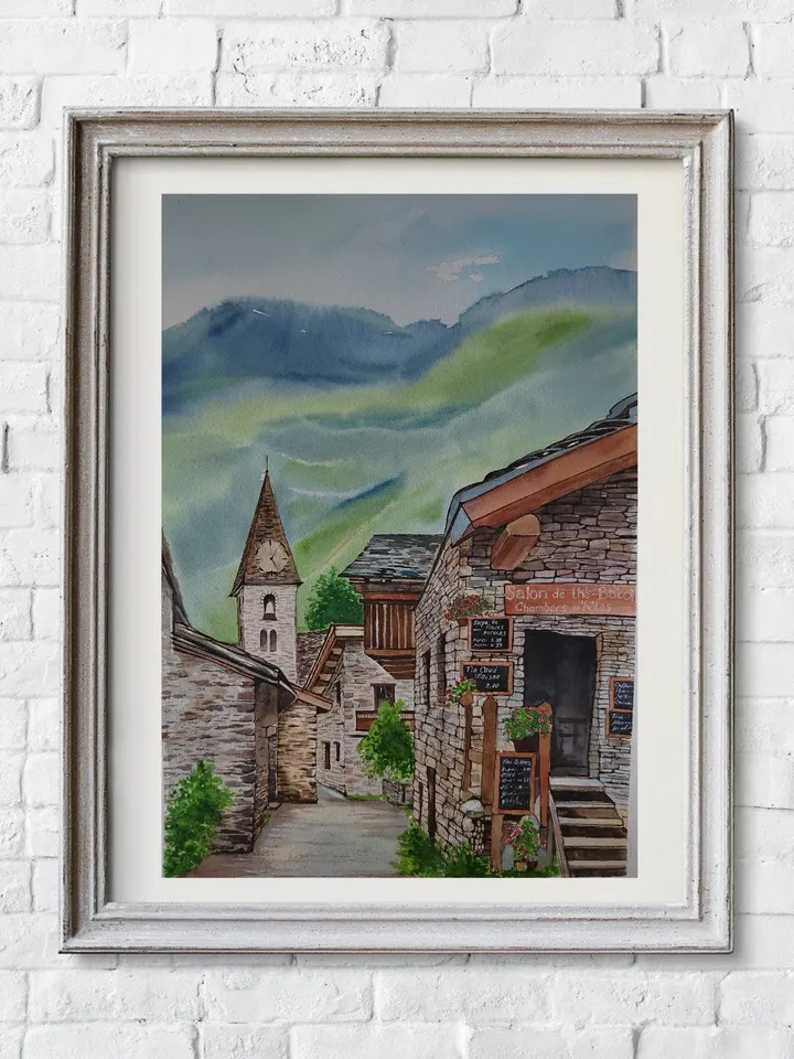 Stone Houses Artwork Medieval Village Art Alpine Village Picture 15x11 in Original Watercolor Painting by SoftWaves