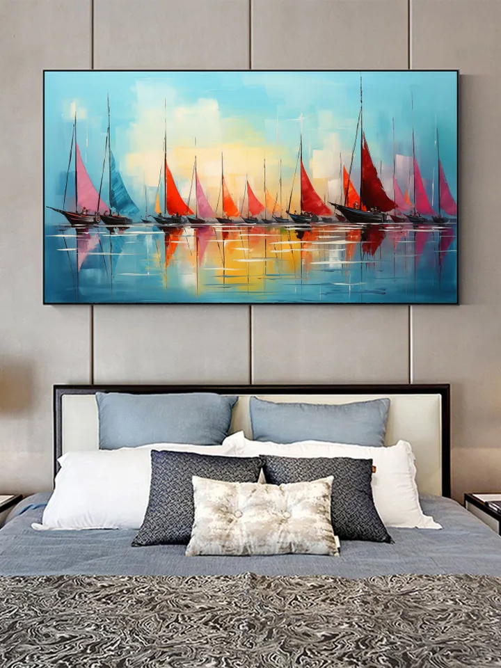 Original Sailboats Painting on Canvas, Large Wall Art, Abstract Colorful Painting, Ocean Art, Living room Wall Decor, Custom Painting