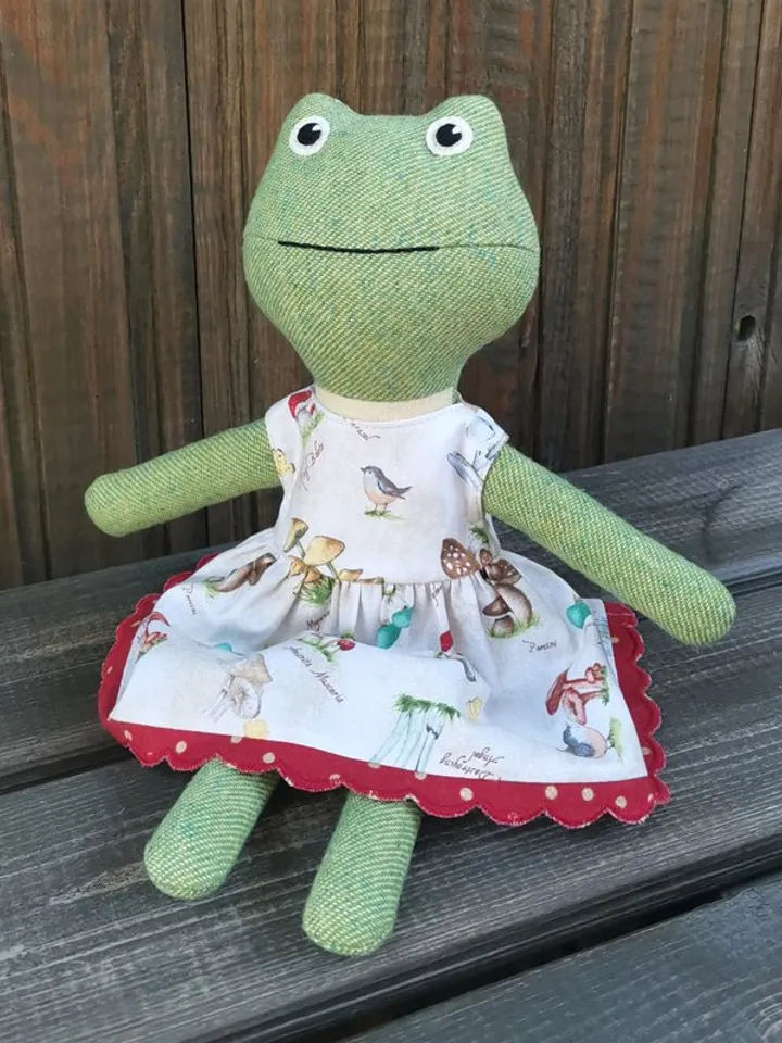 Green frog girl, handmade soft toad toy, textile stuffed doll, fabric frog