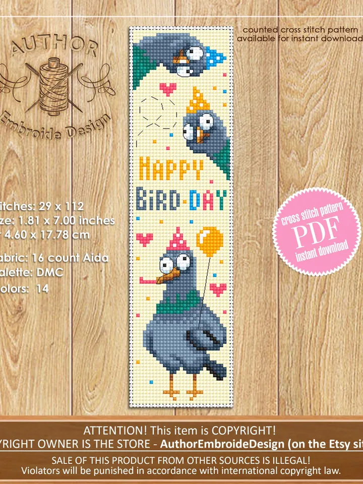 Birthday bookmark set cross stitch pattern PDF download Funny animals cross stitch, Simple bookmark pattern digital PDF Happy birthday #B462