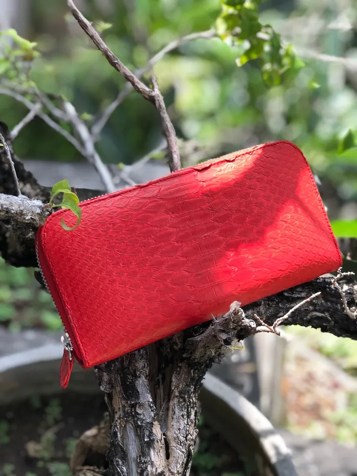 Red Genuine Python Skin Feng Shui Unisex Wallet | Red Leather Wallet Handmade | Snake Accessories | Total Red Woman Wallet Exotic Leather