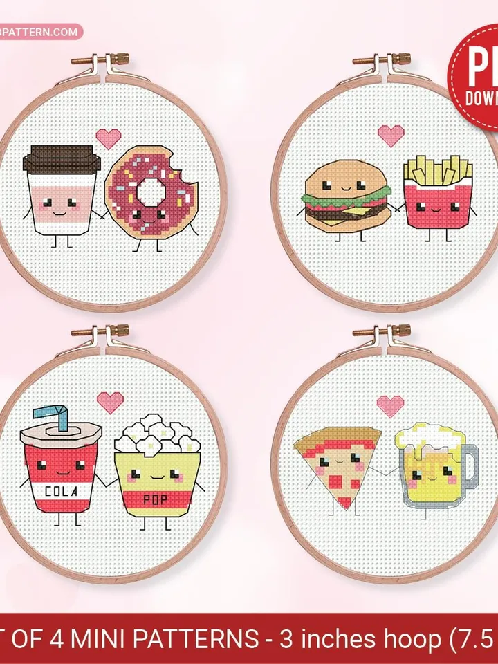 Bundle 4 Mini Foodie Couples Love Cross stitch patterns, Valentine's Day, beginner counted, modern chart, gift DIY, embroidery, instant PDF