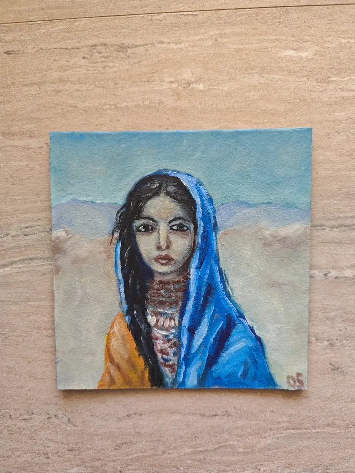 Bedouin Girl Portrait Original Painting Girl In Blue Scarf Original Art Bedouin Girl Modern Artwork Bedouin Girl In Blue Scarf Wall Decor Bedouin Woman Oil Painting 6x6 inches by OlgaSokolovaArt