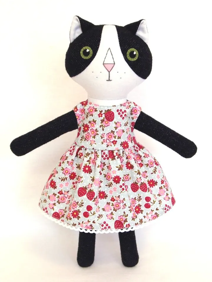 Tuxedo cat girl, handmade plush kitten toy, stuffed wool doll, soft cat toy