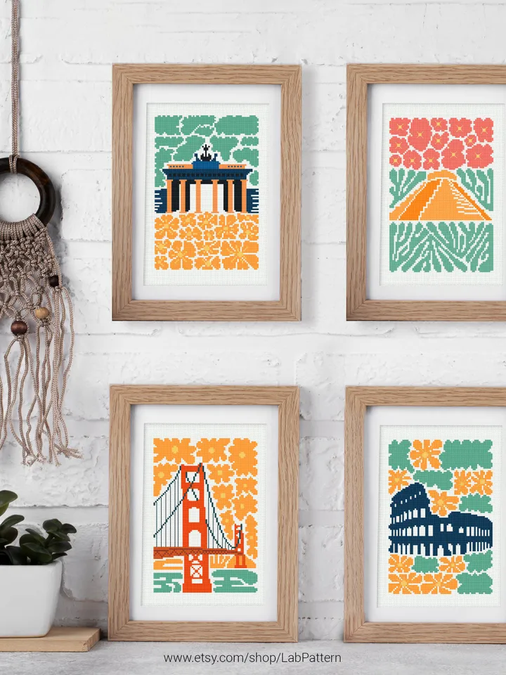 Bundle of 6 mini city Cross stitch patterns contemporary famous architecture Abstract Floral beginner counted modern embroidery instant PDF