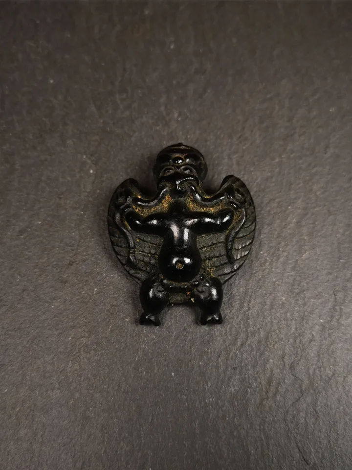 Gandhanra Hand Carved Obsidian Tibetan Amulet Garuda,Garula,Suparna,Golden-wings Bird Pendant, 1.65"