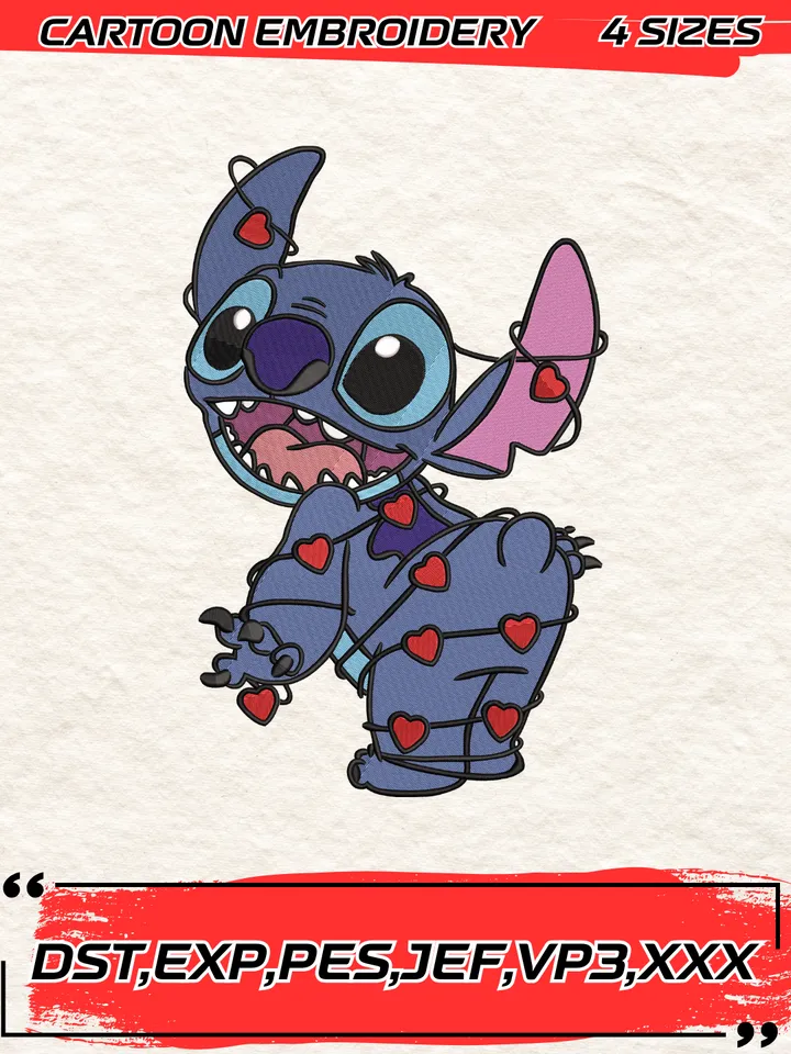 Stitch Valentines Embroidery Design,Stitch Embroidery Design ,Machine Embroidery Design File,4 Sizes, Digital Download