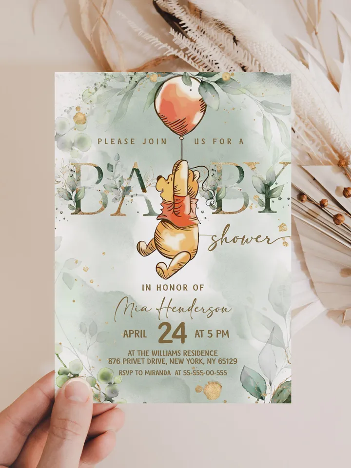 Classic Winnie Pooh Baby Shower Invitation; Neutral Baby Shower Template; Wizard Baby Shower Invite; Honey Bear Invite; Winnie Pooh pg123