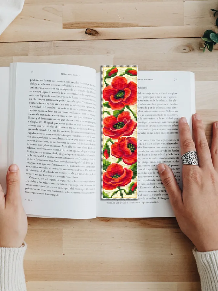Flower bookmark poppies cross stitch pattern download PDF Modern handmade bookmark digital PDF, Red poppy flower cross stitch chart #B193