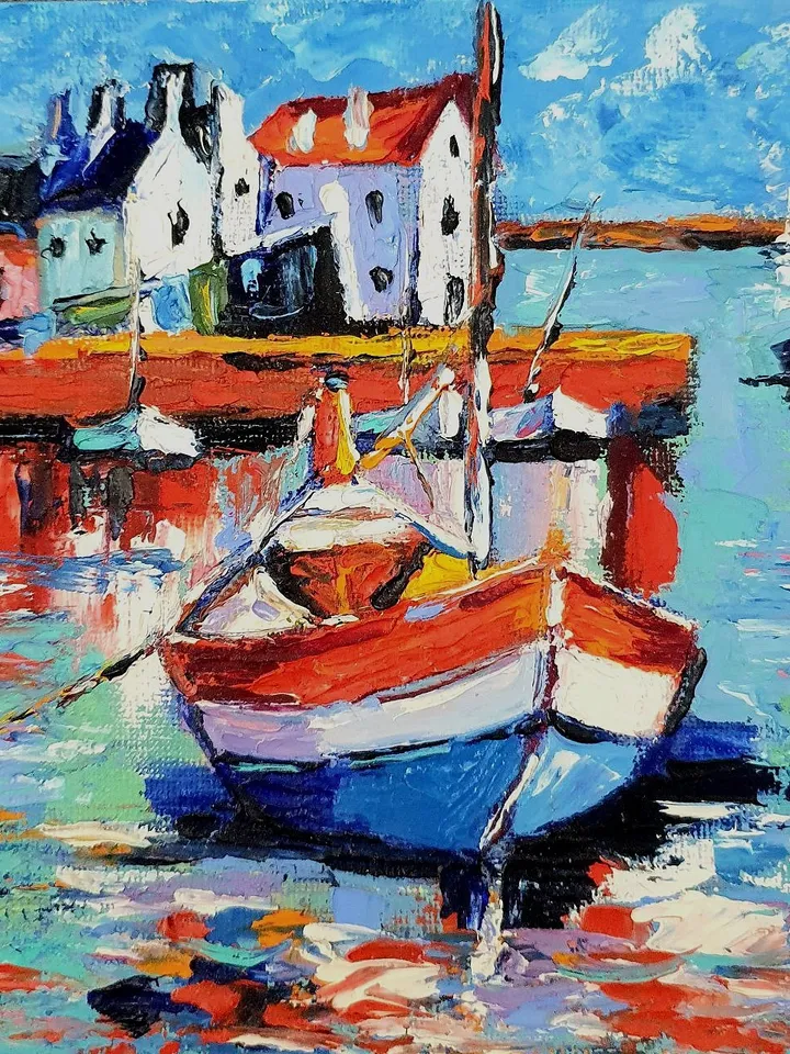 Oil painting seascape Norwegian houses and boats
