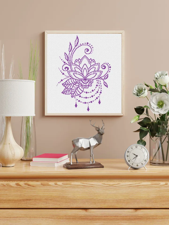 Flower lotus mandala cross stitch pattern download PDF, Floral ornament cross stitch chart, Monochrome mandala ornament, DIY Home decor #M58