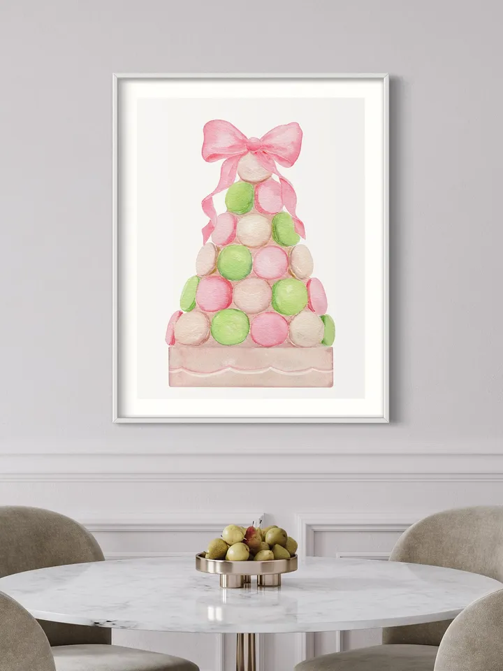 Pink Macaron Bow Print, Watercolor Painting, Pink And Mint, Bakery Painting, Bakery Pink Cupcake, Gift For Her, Watercolor Dessert, Pink Bow