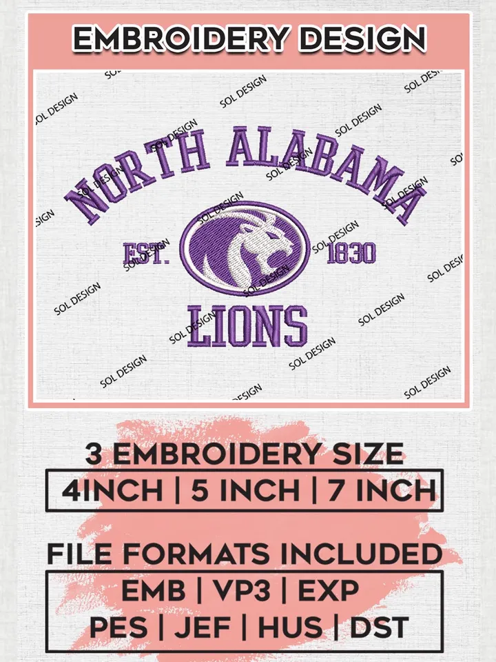 North Alabama Lions Est 1830 Logo Embroidery Designs, NCAA North Alabama Lions Team Embroidery, NCAA Team Logo, 3 sizes, Machine embroidery Files, Digital Download