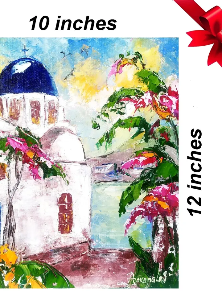 Santorini Painting Greece Original Art 12x10 Impasto Oil Painting Oia Greece Bougainville Wall Art Flower Artwork by ArtProkopaloSv