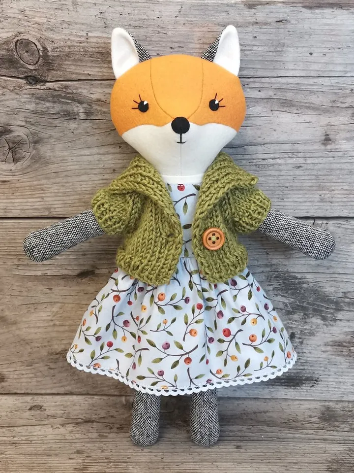 Orange fox girl, handmade stuffed wool doll, textile plush fox, fabric animal doll