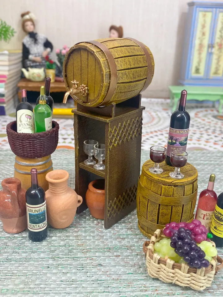Wine set. Barrel with wine. Barrel. Puppet miniature. 1:12. Doll accessories.